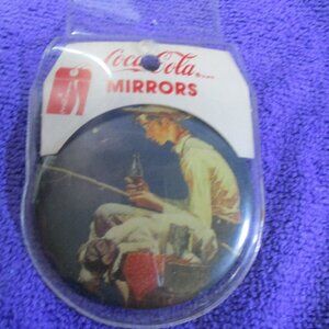 Vintage 1991 Coca-Cola Wrap Around a Round Pocket Mirror of Boy Fishing
